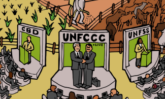 Drawing of UN agencies shaking hands with big business